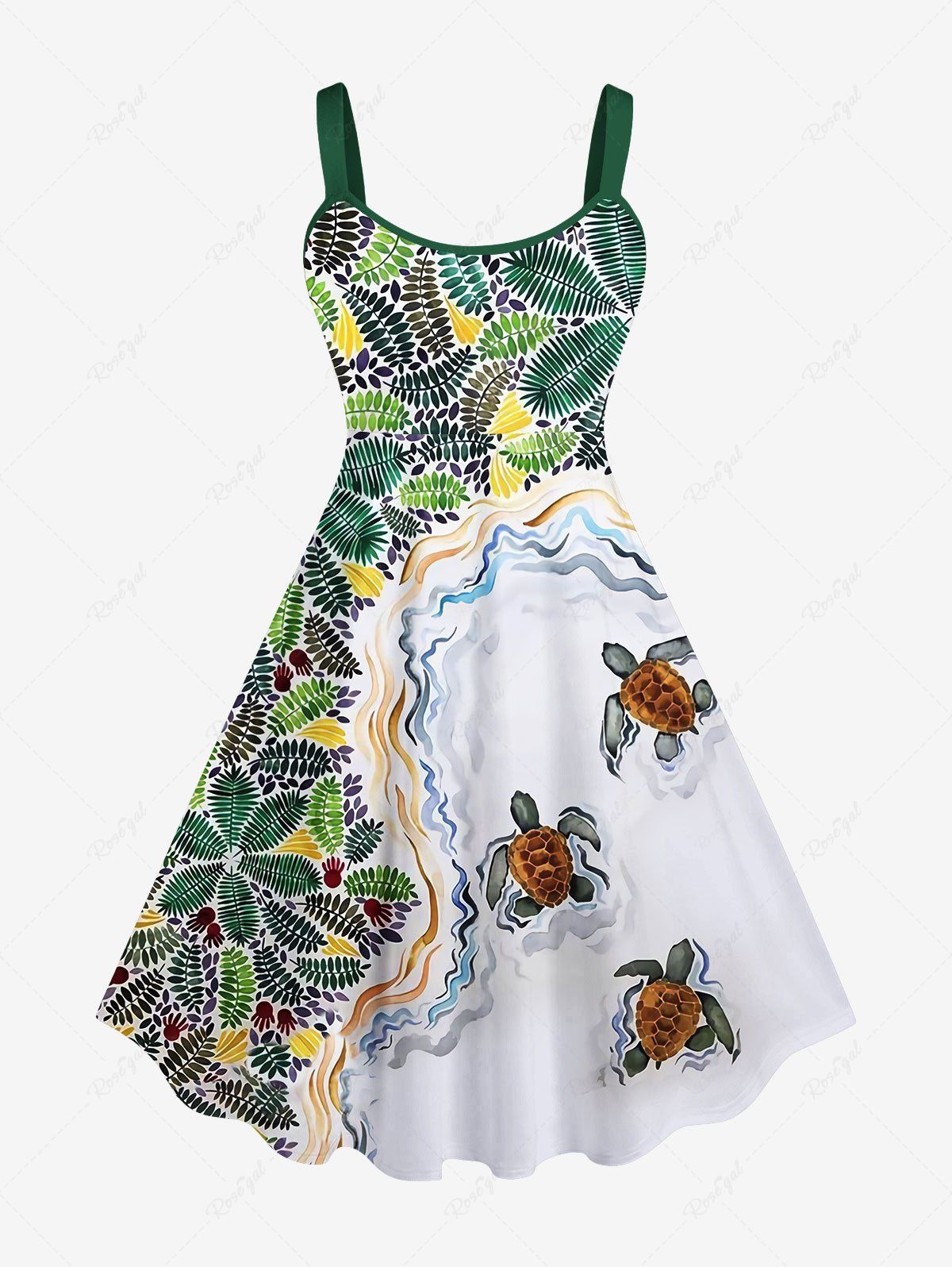 New Plus Size Coconut Leaves Turtle Sea Waves Print Hawaii Sea Creatures Backless A Line Tank Dress  