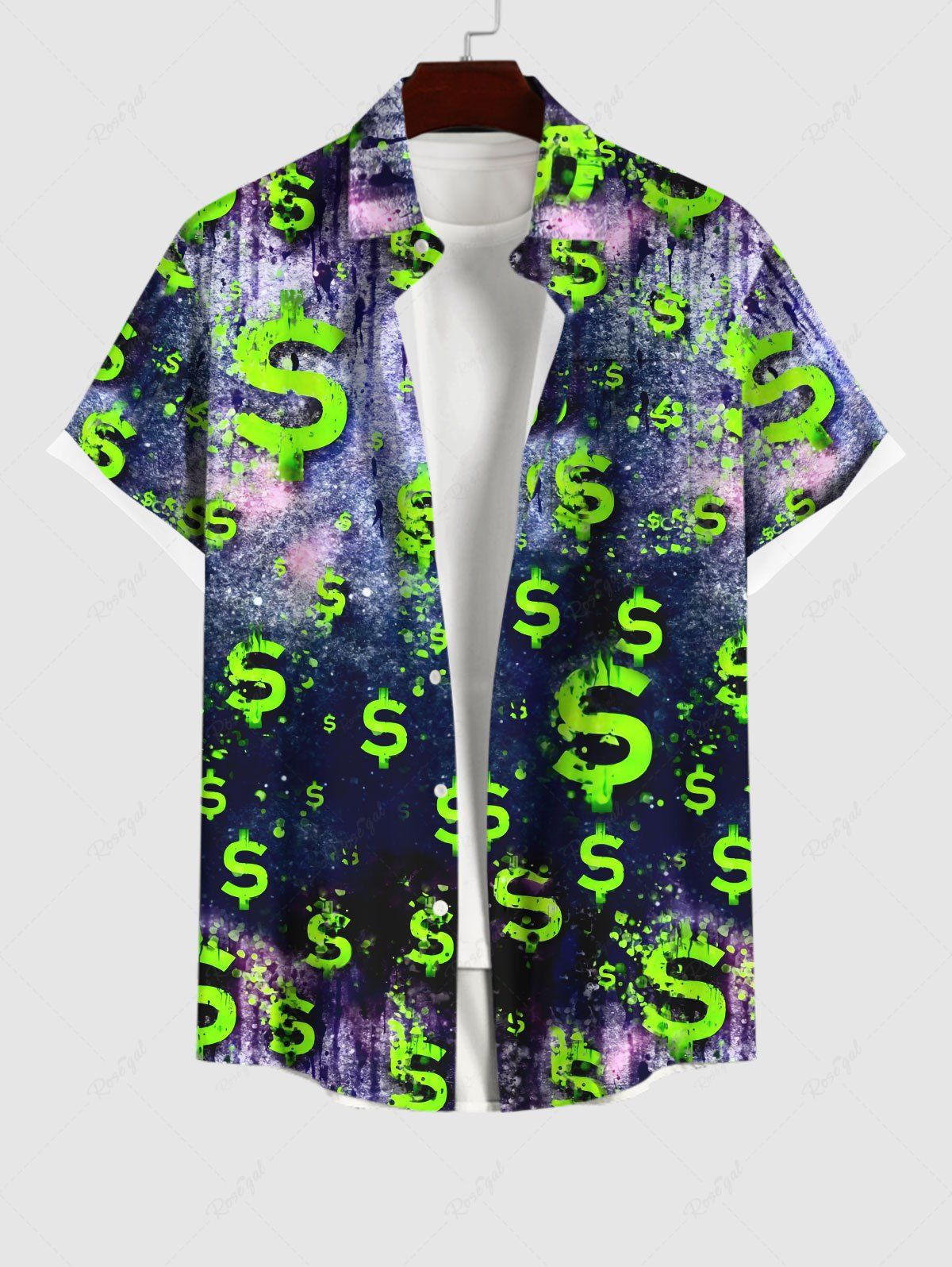 Chemise Grande Taille Boutonnée Imprimé Caractère Bande Vide avec Poche Cachée pour Homme Noir M