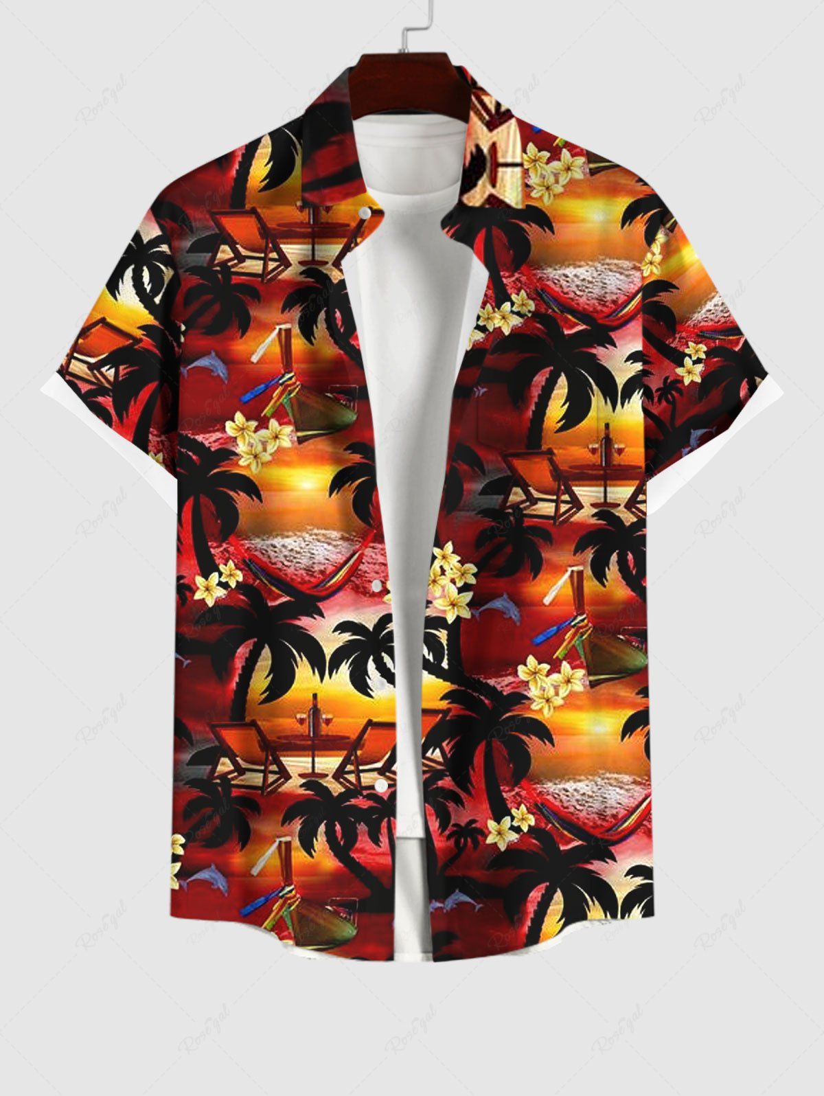 Chemise de Détente Longue Durée avec Boutons et Poche à Imprimé Cocotiers et Fleurs Grande-Taille pour Hommes Multi-A L