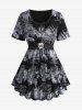 Plus Size Distressed Tie Dye Newspaper Print Braided Neck Skull Buckle Top -  