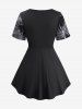 Plus Size Distressed Tie Dye Newspaper Print Braided Neck Skull Buckle Top -  