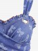 Plus Size Bowknot Print Ruffles Grommets Crisscross Panel Tank Top -  