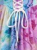 Plus Size Lace Up Tie Dye Flocking Flowers Ruffles Pocket Jacquard Ribbed Textured Dress -  