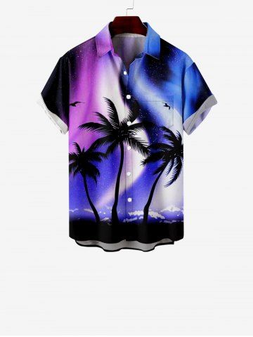 Kid's Colorful Ombre Aurora Galaxy Coconut Tree Print Hawaii Button Pocket Shirt - MULTI-A - 130