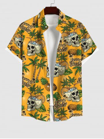 Plus Size Skull Coconut Tree Pineapple Letters Print Hawaii Button Pocket Shirt For Men - ORANGE - L