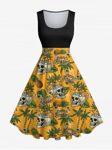 Plus Size Skull Coconut Tree Pineapple Letters Print Hawaii 1950s Vintage Swing A Line Dress - MULTI-A - 1X