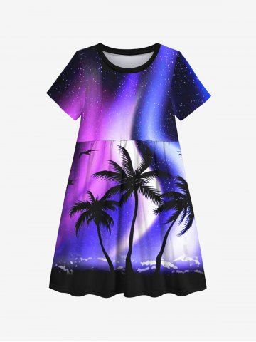 Kid's Colorful Ombre Aurora Galaxy Coconut Tree Print Hawaii Dress