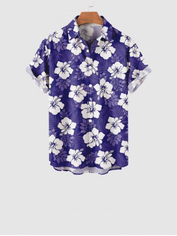 Kid's Flower Palm Leaf Print Buttons Pocket Hawaii Shirt - BLUE - 100