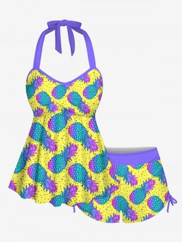 Fashion Ombre Pineapple Pin Dot Print Twist Backless Halter Cinched Boyleg Hawaii Tankini Swimsuit - MULTI-A - L