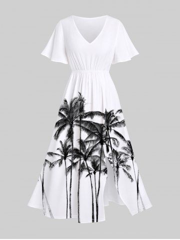 Plus Size Ink Painting Coconut Tree Print Pocket Hawaii Split Dress - WHITE - L