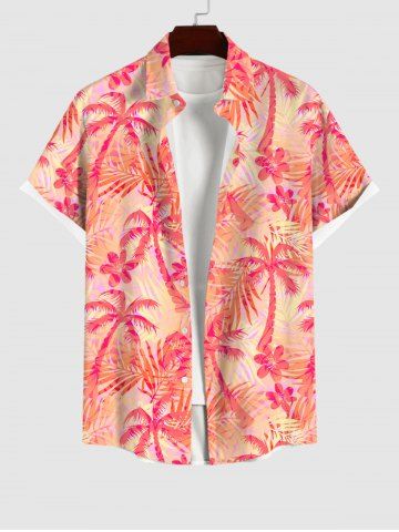 Plus Size Coconut Tree Flowers Print Buttons Pocket Hawaii Shirt For Men - RED - S