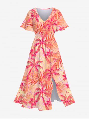 Plus Size Coconut Tree Flowers Print Split Hawaii Dress - RED - XS