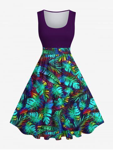 Plus Size Colorful Palm Leaf Print Hawaii 1950s Vintage Dress