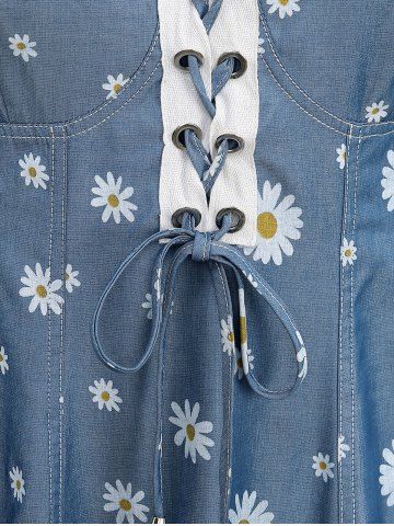 Plus Size Daisy Flower Print Ruffles Grommet Lace Up Cold Shoulder T-shirt