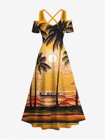 Plus Size Coconut Tree Sun Cloud Boat Print Crisscross Cold Shoulder Hawaii Dress - MULTI-A - XS