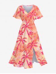 Plus Size Coconut Tree Flowers Print Split Hawaii Dress -  