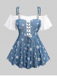 Plus Size Daisy Flower Print Ruffles Grommet Lace Up Cold Shoulder T-shirt -  