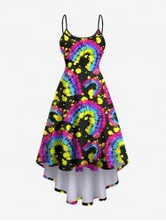 Plus Size Colorful Tie Dye Graffiti Painting Splatter Printed Hawaii High Low Asymmetric A Line Cami Dress -  