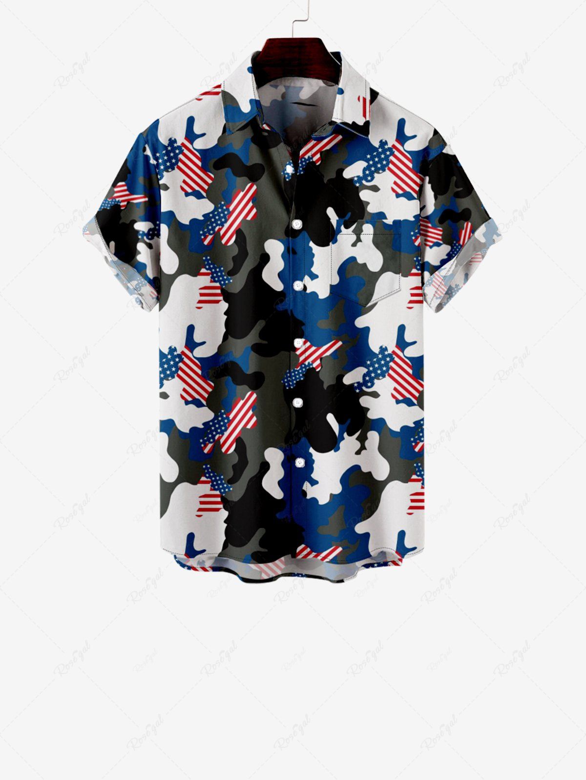 Best Kid's American Flag Camouflage Colorblock Print Button Pocket Shirt  