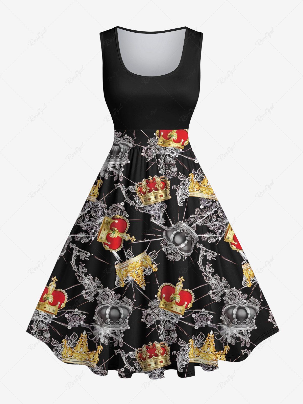 Outfit Plus Size Cracked Ice Crown Print Vintage 1950s Swing A Line Dress  