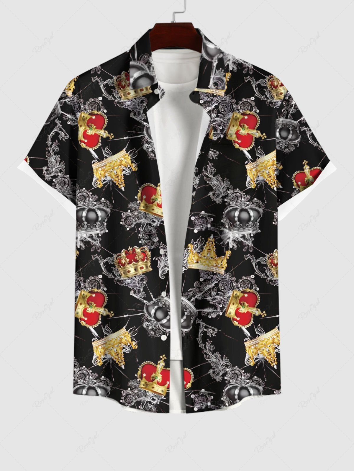 Chemise Couronne Glace Imprimée avec Poche Boutonnée de Grande Taille en Velours pour Homme Noir M