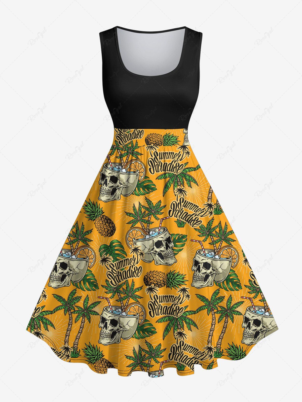 Online Plus Size Skull Coconut Tree Pineapple Letters Print Hawaii 1950s Vintage Swing A Line Dress  