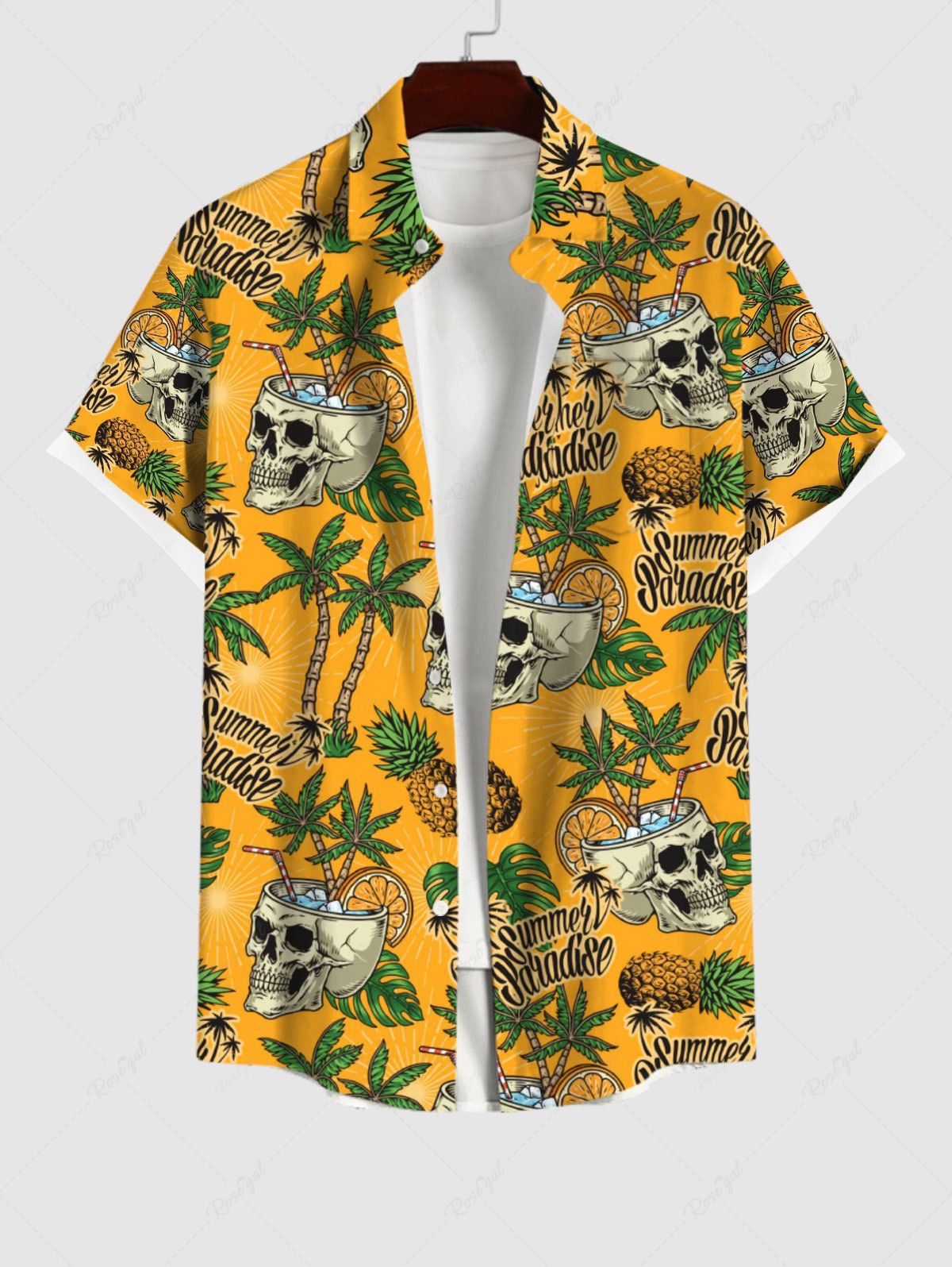 Hot Plus Size Skull Coconut Tree Pineapple Letters Print Hawaii Button Pocket Shirt For Men  