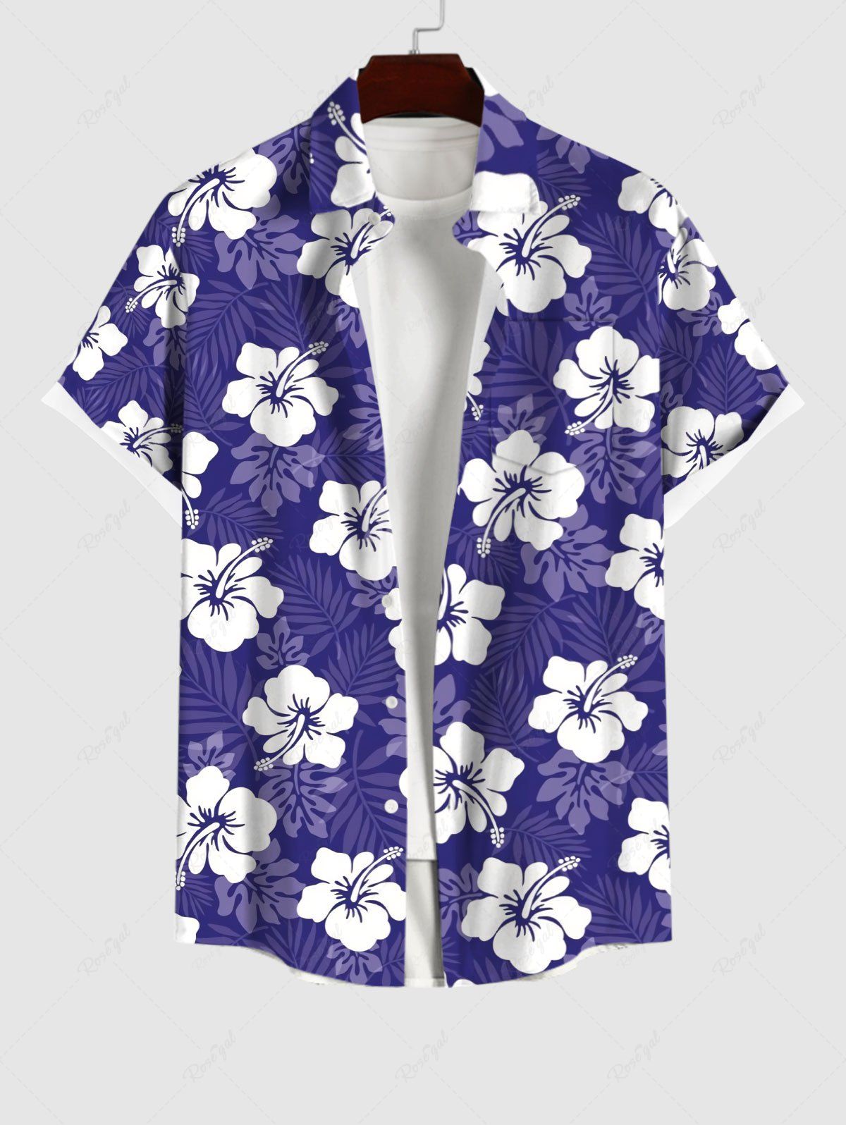 Chemise Imprimé Feuilles et Fleurs Artificielles à Boutons Grande Taille avec Poche pour Homme Bleu Ciel 2XL