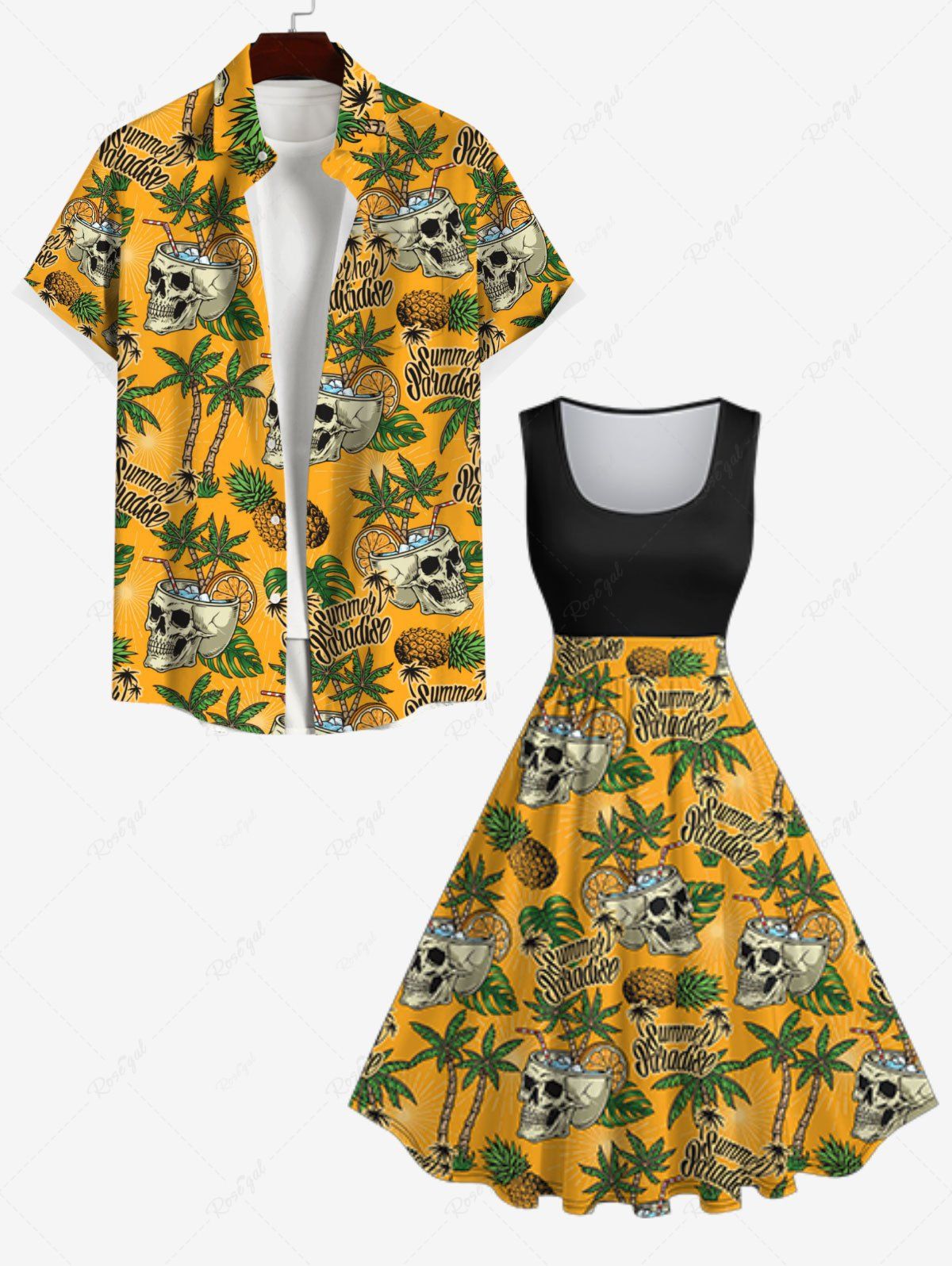 Online Skull Coconut Tree Pineapple Letters Print Plus Size Matching Hawaii Beach Outfit For Couples  