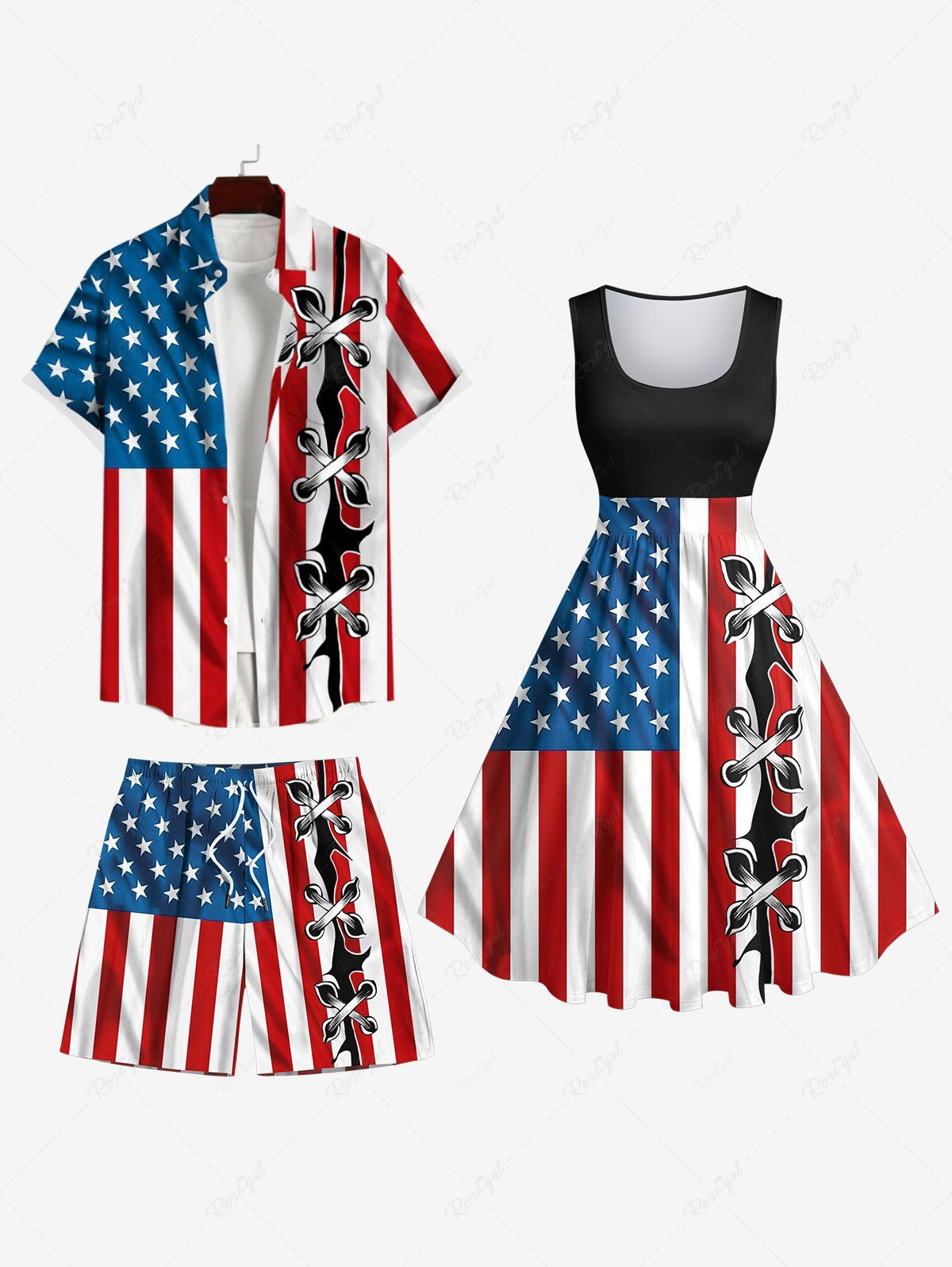Hot Patriotic American Flag Ripped Lace Up 3D Print Plus Size Matching Outfit For Couples  
