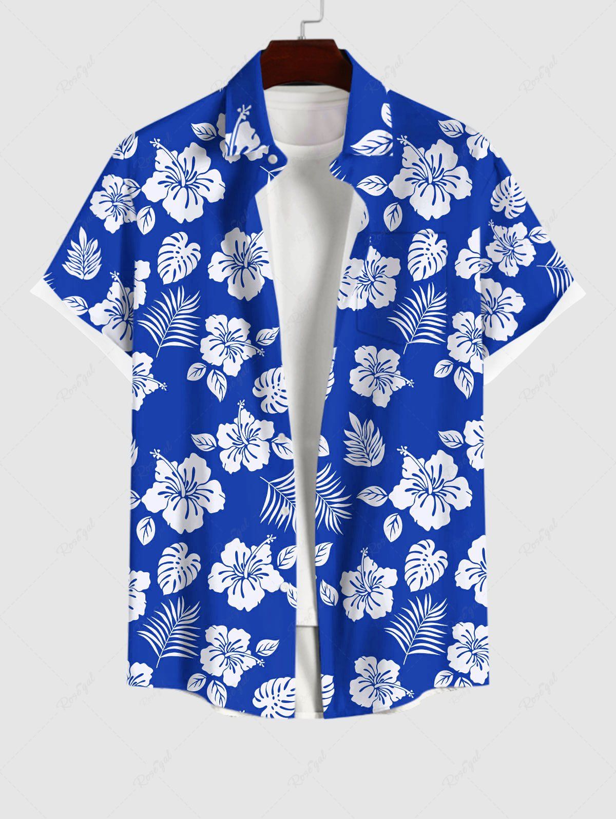 Chemise hawaïenne grande taille à imprimé feuilles tropicales et fleurs d'hibiscus pour homme Bleu profond S