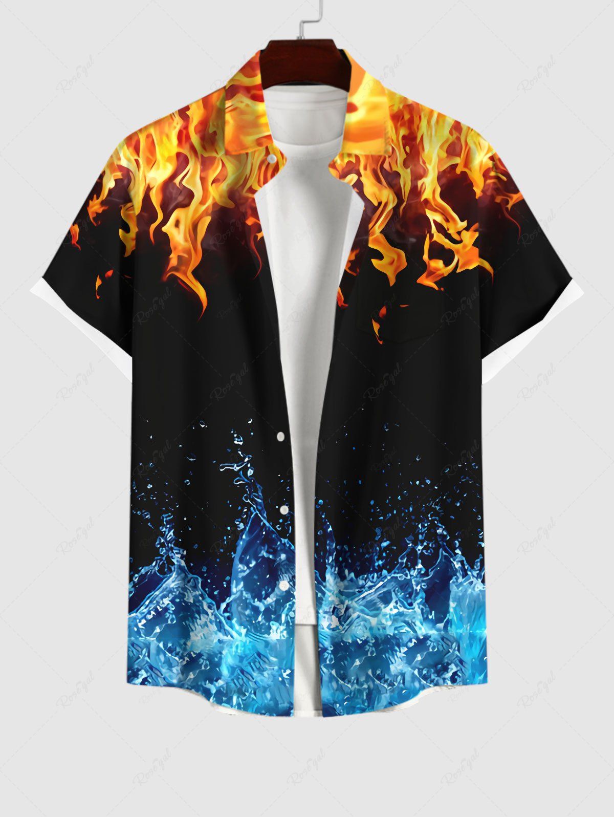 Chemise Boutonnée Flamme Feu D'Eau Imprimé avec Poche de Grande Taille pour Homme Multi-A 4XL