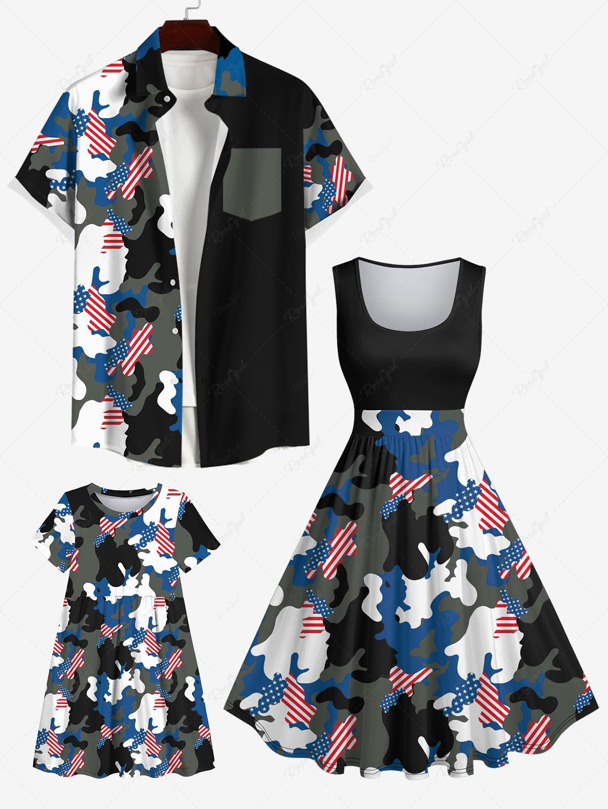 Fancy Camouflage American Flag Colorblock Print Plus Size Matching Set For Family  