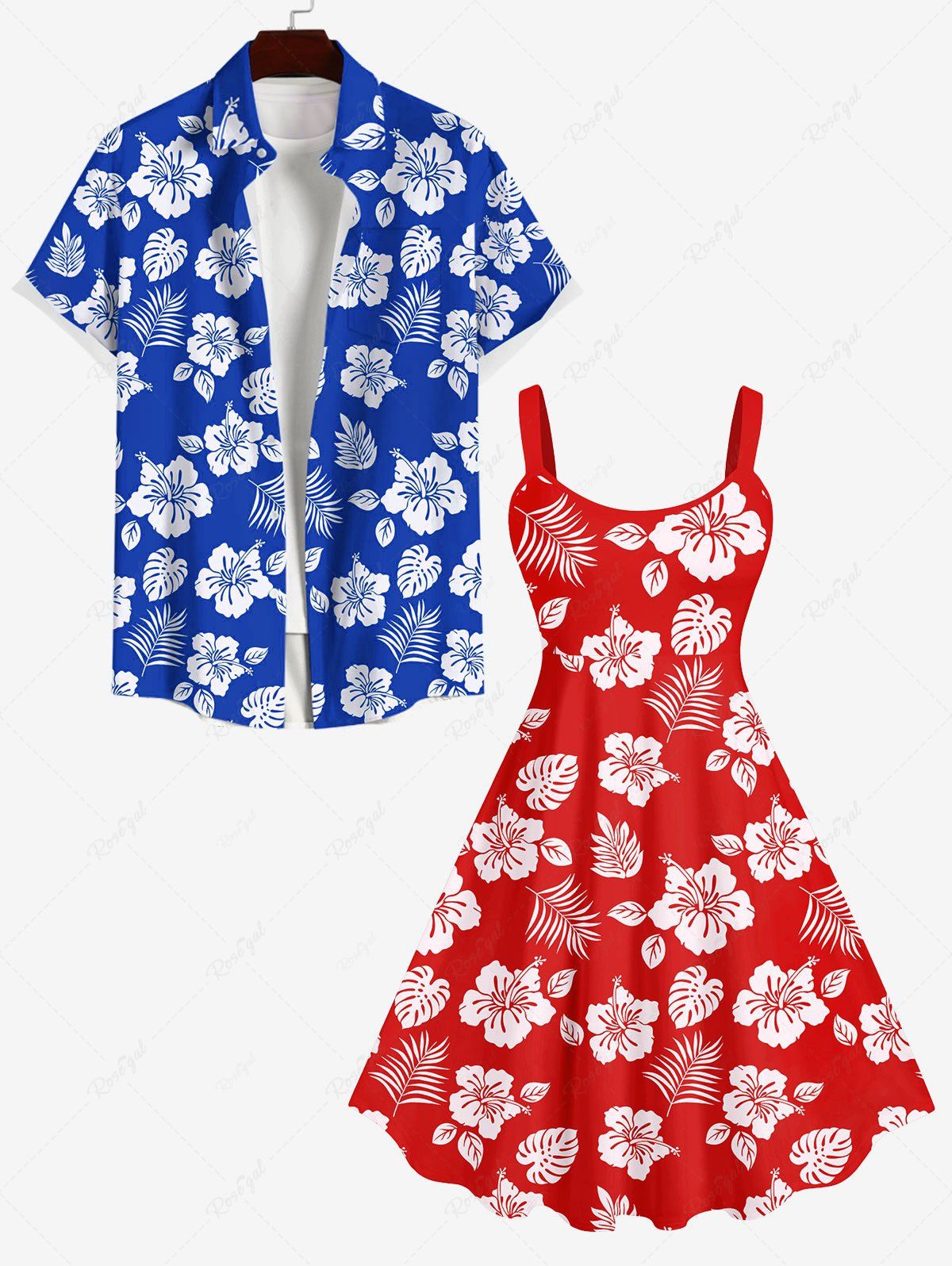 Hot Flower Coconut Leaves Print Plus Size Matching Hawaii Beach Outfit For Couples  