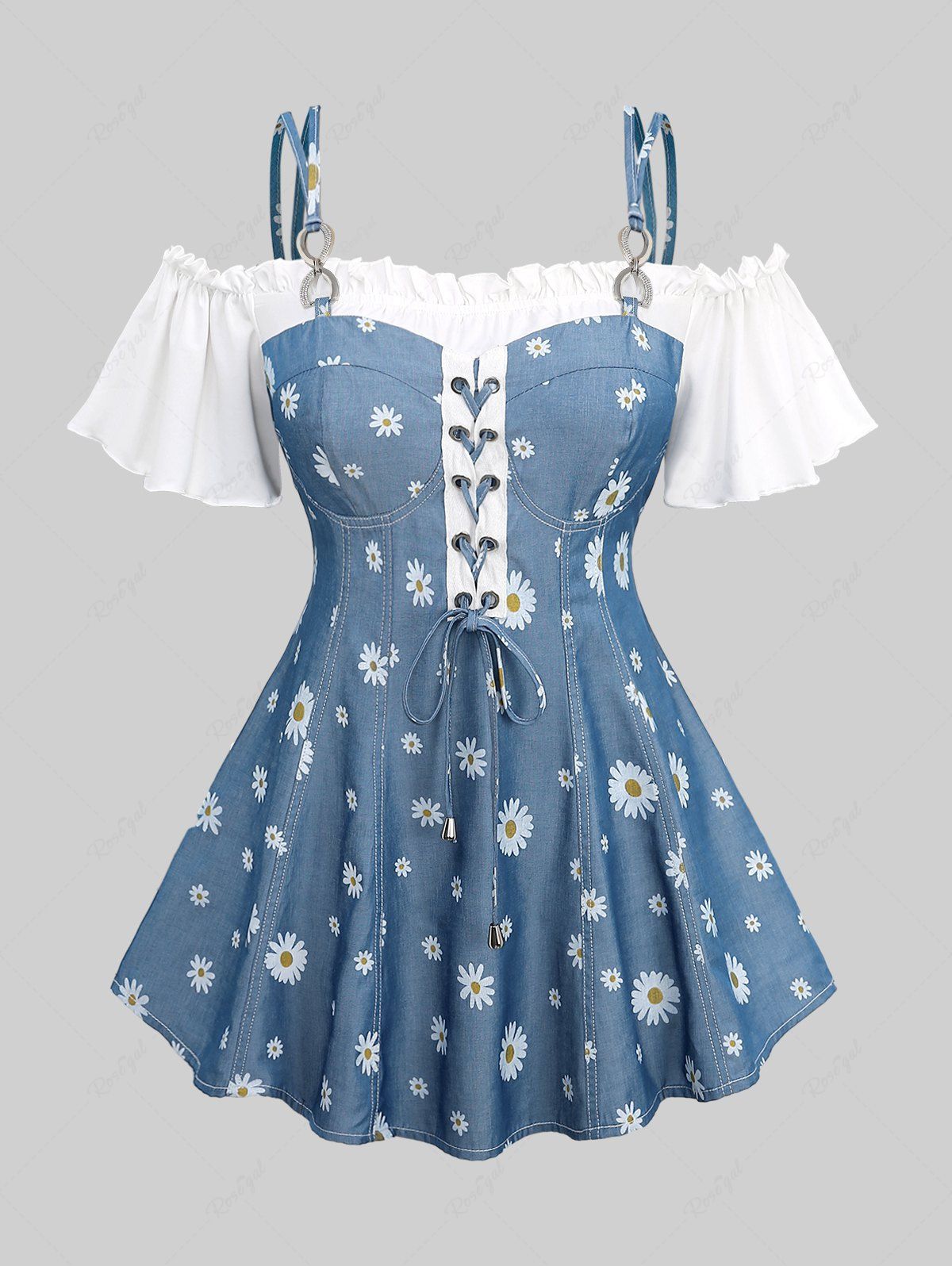 Fashion Plus Size Daisy Flower Print Ruffles Grommet Lace Up Cold Shoulder T-shirt  