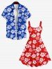 Plus Size Tropical Leaf Hibiscus Flower Print Hawaii Button Pocket Shirt For Men -  