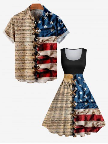 3D Lace Up American Flag Newspaper Print Plus Size Matching Set For Couples - MULTI-A