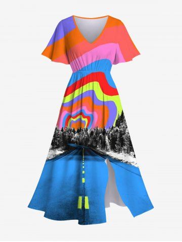 Plus Size Highway Colorful Striped Tree Forest Print Split Pocket A Line Dress - MULTI-A - XS