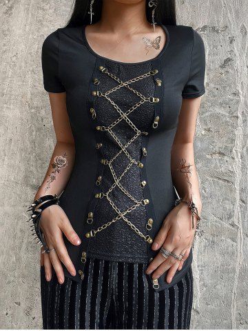 Gothic Chain Lace Up Hook and Eye Cracked Textured Patchwork Asymmetric T-shirt - BLACK - S