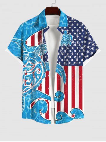 Plus Size Patriotic American Flag Sea Waves Turtle Print Buttons Pocket Hawaii Shirt For Men - BLUE - S