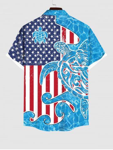 Plus Size Patriotic American Flag Sea Waves Turtle Print Buttons Pocket Hawaii Shirt For Men