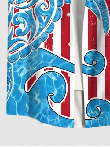 Plus Size Patriotic American Flag Sea Waves Turtle Print Buttons Pocket Hawaii Shirt For Men