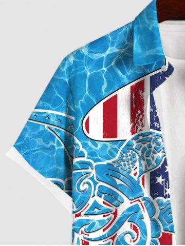 Plus Size Patriotic American Flag Sea Waves Turtle Print Buttons Pocket Hawaii Shirt For Men