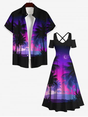 Coconut Tree Moon Star Ombre Print Plus Size Matching Hawaii Beach Outfit For Couples - BLACK