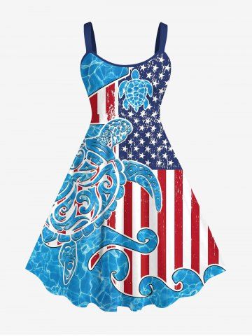 Plus Size Patriotic American Flag Sea Waves Turtle Print Hawaii Tank Dress - BLUE - XS