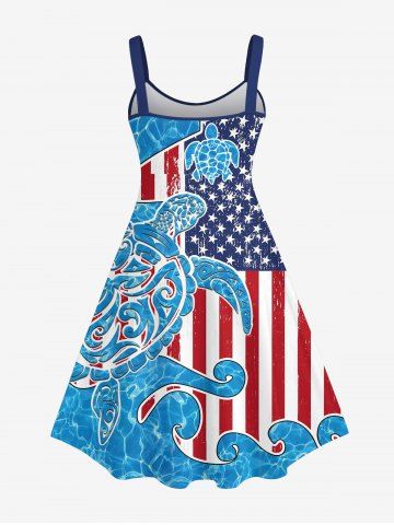 Plus Size Patriotic American Flag Sea Waves Turtle Print Hawaii Tank Dress