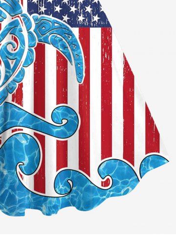 Plus Size Patriotic American Flag Sea Waves Turtle Print Hawaii Tank Dress
