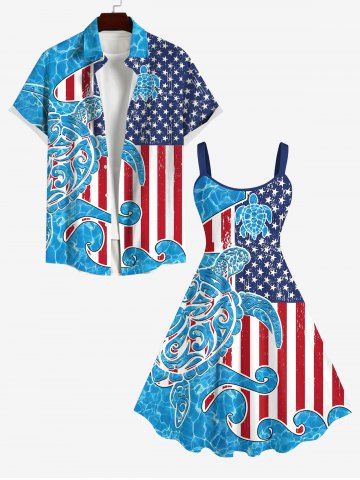 Patriotic American Flag Sea Waves Turtle Print Plus Size Matching Outfit For Couples - BLUE