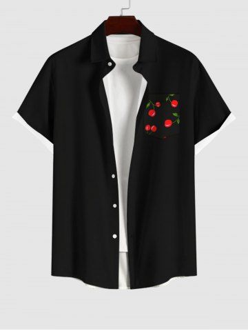 Plus Size Cherry Print Button Pocket Shirt For Men - BLACK - L