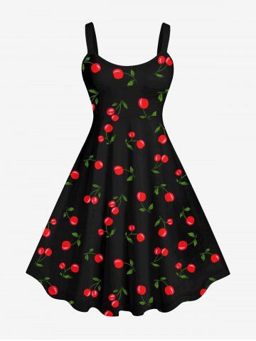 Plus Size Cherry Print Backless A Line Tank Dress - BLACK - 2X